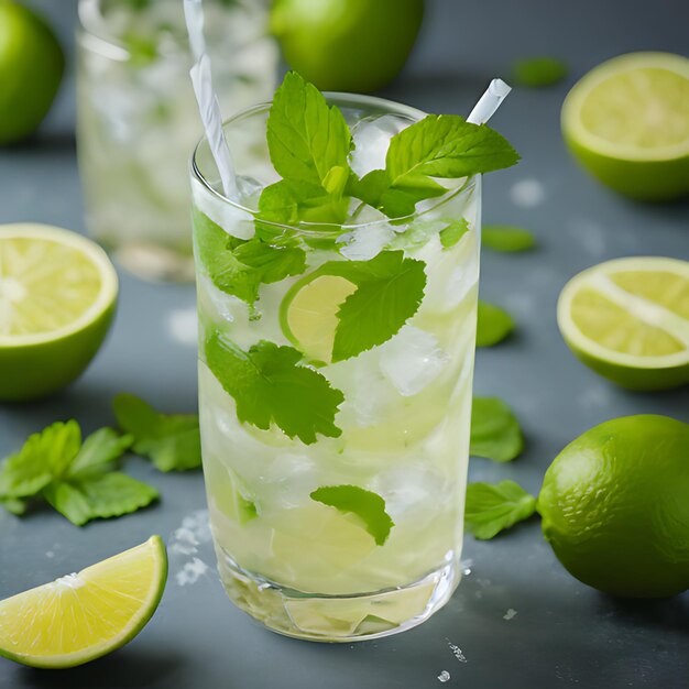 Photo a glass of limeade with mint leaves and limes