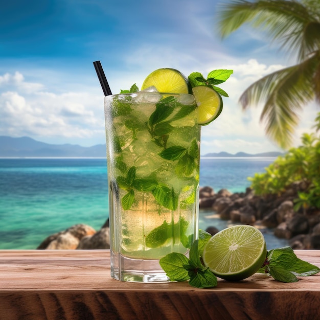 a glass of limeade with a straw and lime wedge on a table.