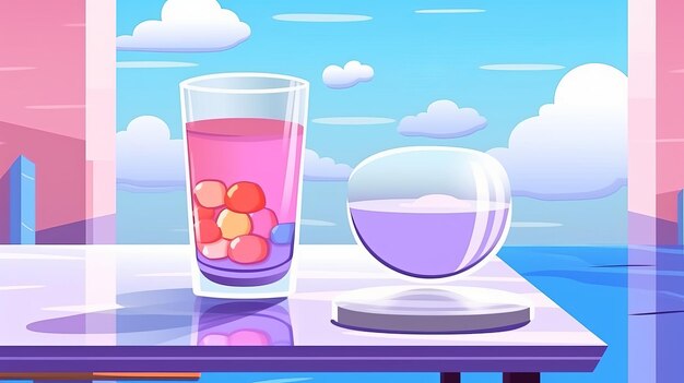 A glass of liquid and a bowl of candy on a table