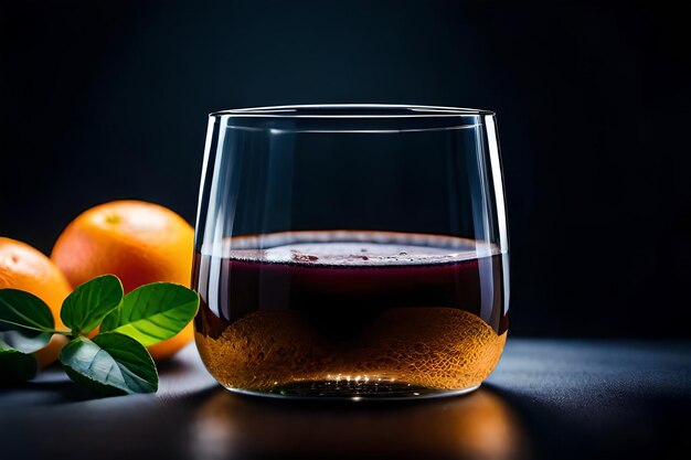 Foto un bicchiere di liquido e un'arancia e un pezzo di arancia su un tavolo.