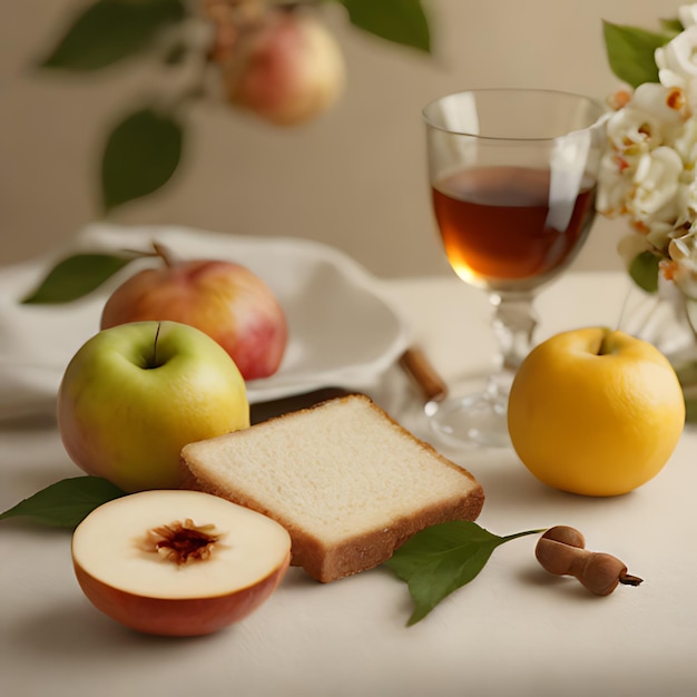 a glass of liquid sits next to an apple and bread