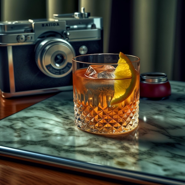 Foto un bicchiere di liquido è posto su un tavolo accanto a una macchina fotografica.