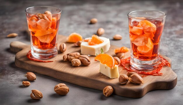 Photo a glass of liquid and some almonds and almonds on a cutting board