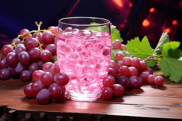 A glass of liquid with a bunch of grapes on it