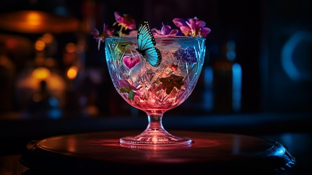 A glass of liquid with a butterfly on it