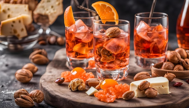 Photo a glass of liquid with fruit and nuts on a wooden board