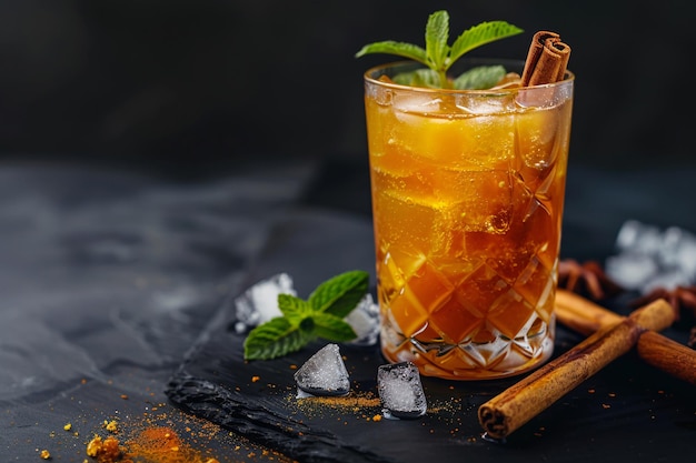 a glass of liquid with ice and cinnamon sticks
