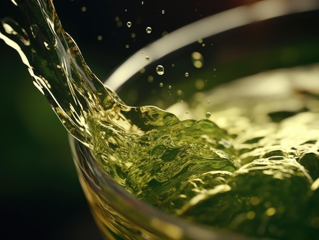 Склянка жидкости с брызгой воды сбоку жидкость зеленая и он является типом сока