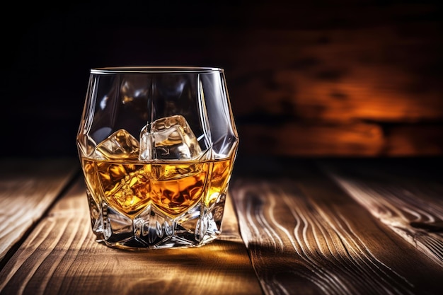 Glass of liquor with amaretto on wooden table closeup