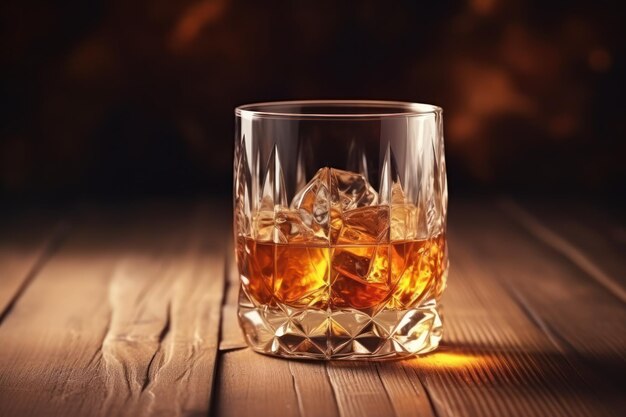 Glass of liquor with amaretto on wooden table closeup