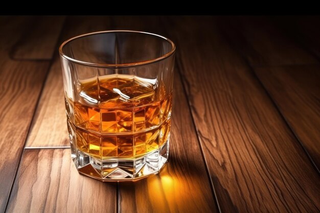 Glass of liquor with amaretto on wooden table closeup