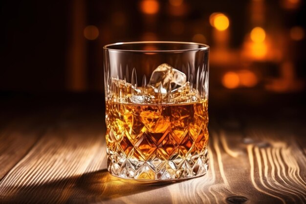 Glass of liquor with amaretto on wooden table closeup