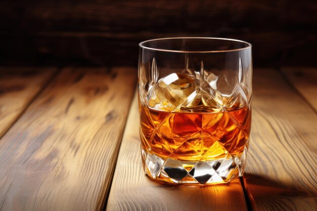 Glass of liquor with amaretto on wooden table closeup