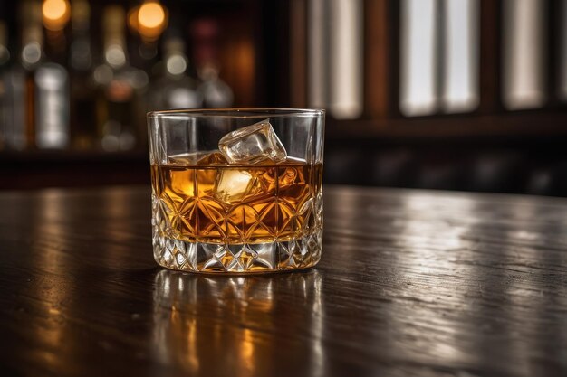 Glass of liquor with amaretto on wooden table closeup