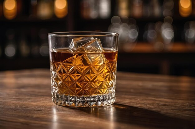 Glass of liquor with amaretto on wooden table closeup