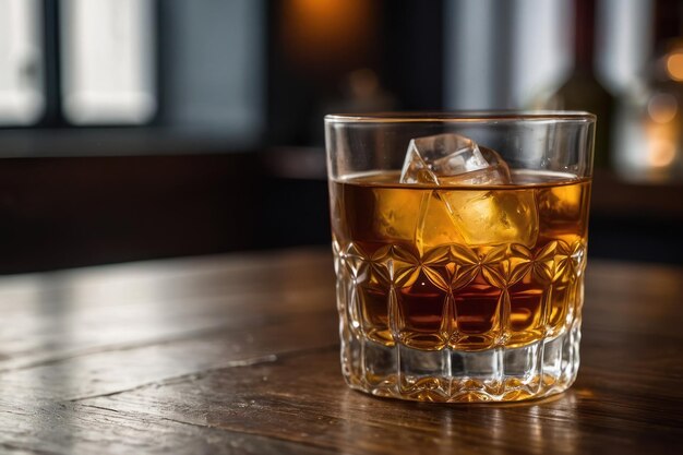 Glass of liquor with amaretto on wooden table closeup