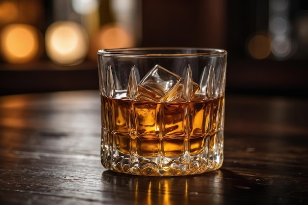 Glass of liquor with amaretto on wooden table closeup