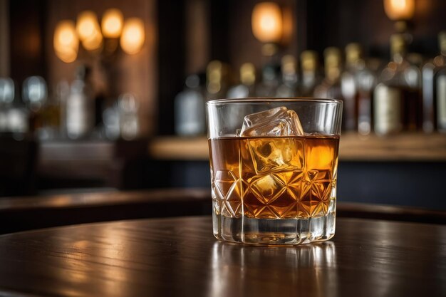 Glass of liquor with amaretto on wooden table closeup