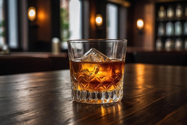 Glass of liquor with amaretto on wooden table closeup