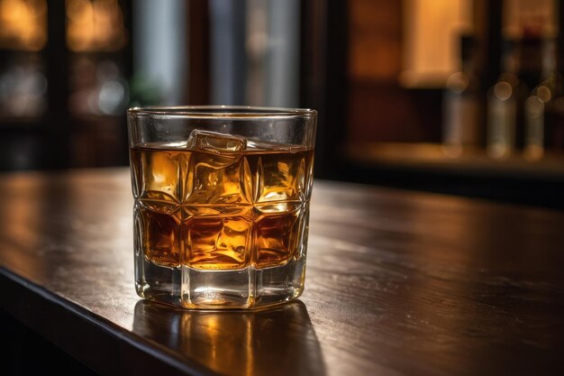 Glass of liquor with amaretto on wooden table closeup