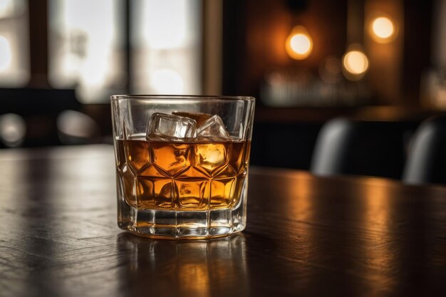 Glass of liquor with amaretto on wooden table closeup