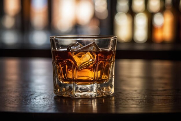 Photo glass of liquor with amaretto on wooden table closeup