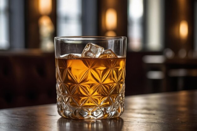 Photo glass of liquor with amaretto on wooden table closeup