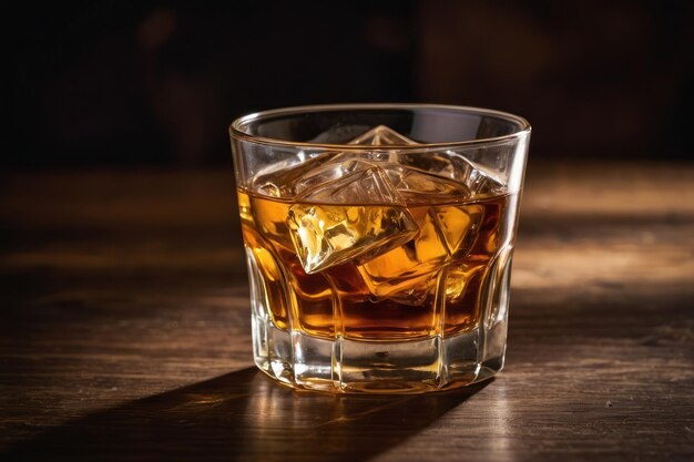 Photo glass of liquor with amaretto on wooden table closeup