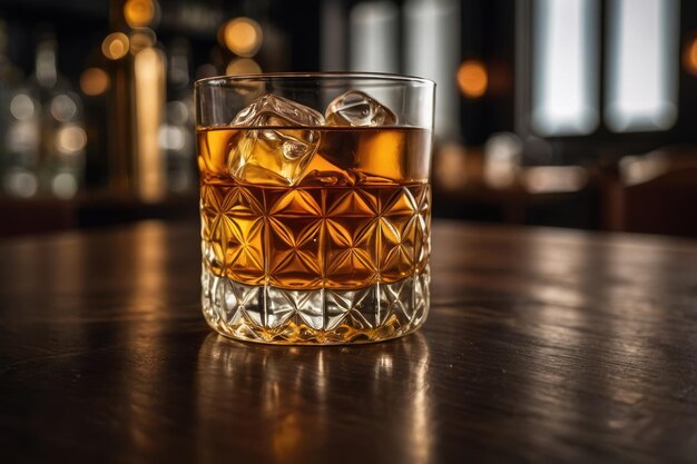 Photo glass of liquor with amaretto on wooden table closeup