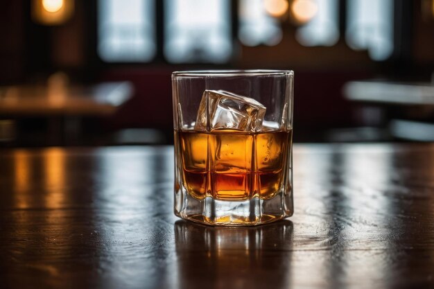 Photo glass of liquor with amaretto on wooden table closeup