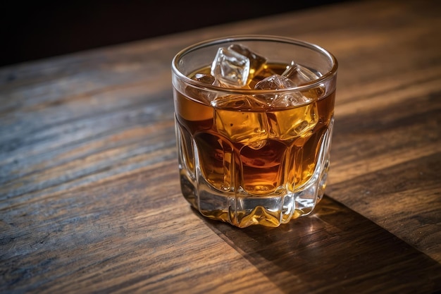 Glass of liquor with amaretto on wooden table closeup