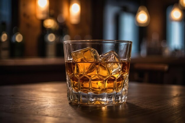 Photo glass of liquor with amaretto on wooden table closeup