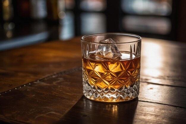 Photo glass of liquor with amaretto on wooden table closeup