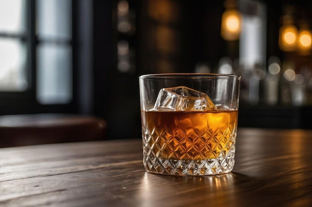 Glass of liquor with amaretto on wooden table closeup