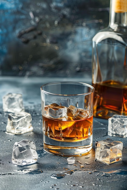 얼음 조각이 들어있는 술 한 잔과 에 술 한 병