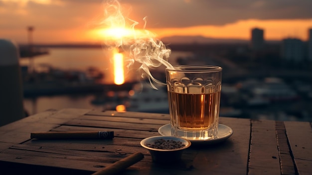 A glass Macallan 64 Year Old in Lalique a pack of cigarettes and a lighter on a sunset background