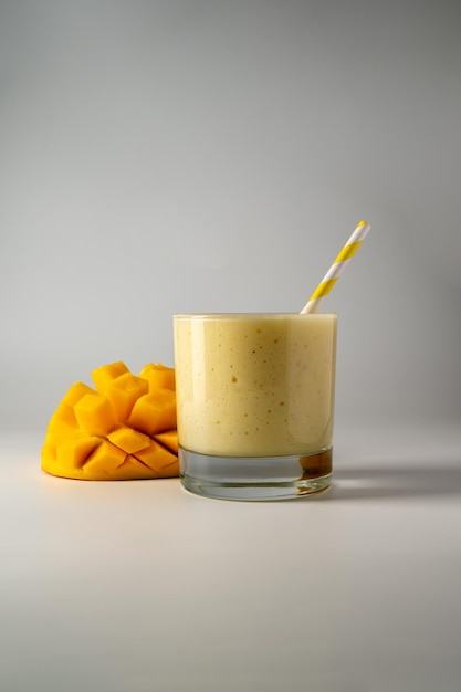 Glass of mango banana and yoghurt smoothie with a straw