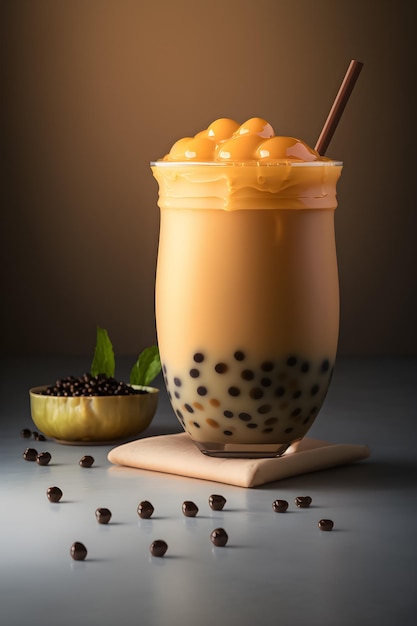 A glass of mango bubble tea with a brown straw
