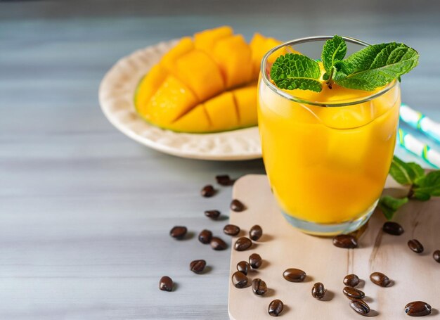 Glass of mango juice in summer with mint leaves