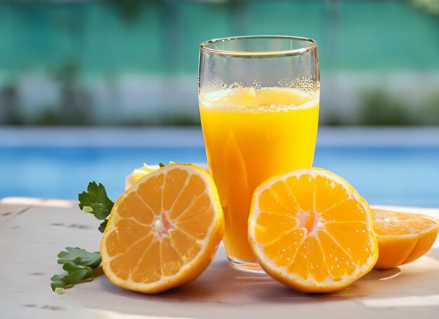 Glass of mango juice in summer with mint leaves