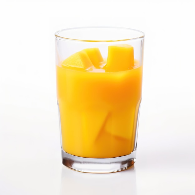 A glass of mango juice with a few cubes of mangoes in it.