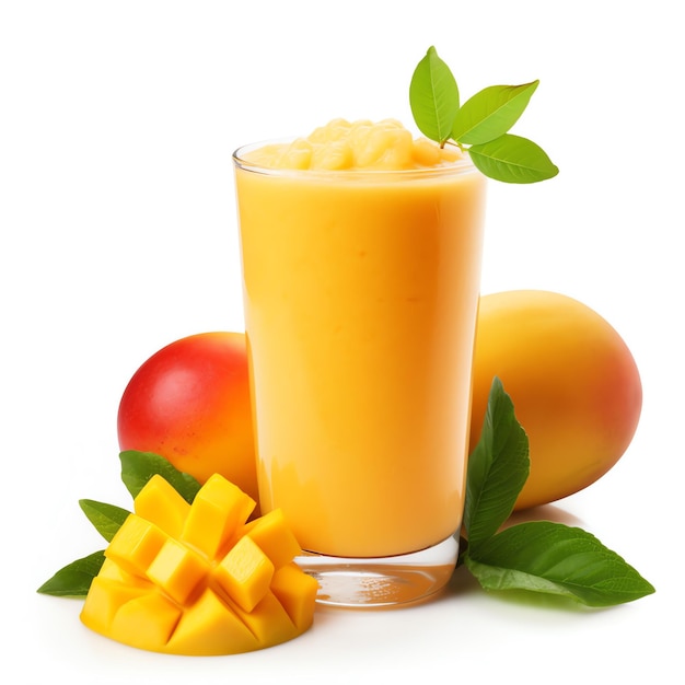 a glass of mango juice with leaves and fruit