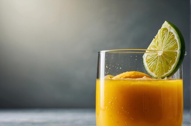 A glass of mango juice with a slice of lime on the rim