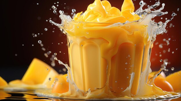 A glass of mango juice with a splash coming out of the glass on a white background