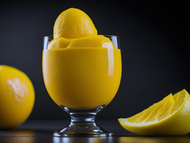 A glass of mango sorbet with a lemon slice on the side