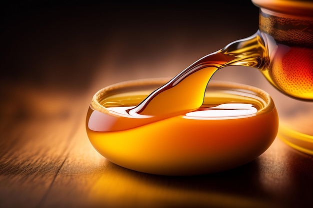 A glass of maple syrup being poured into a bowl