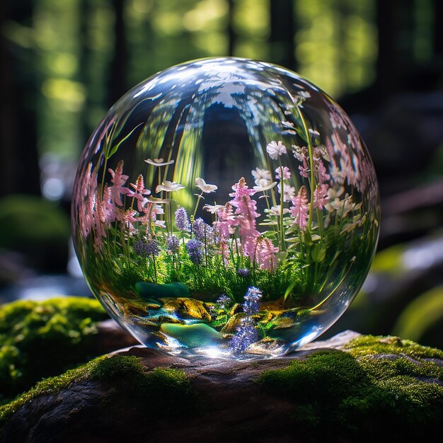 Photo glass marble full of flowers in a large forest