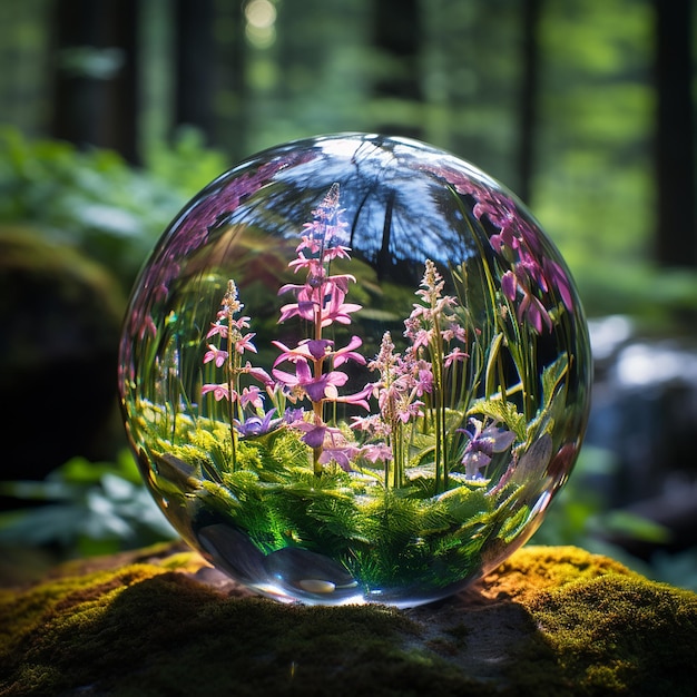 Photo glass marble full of flowers in a large forest