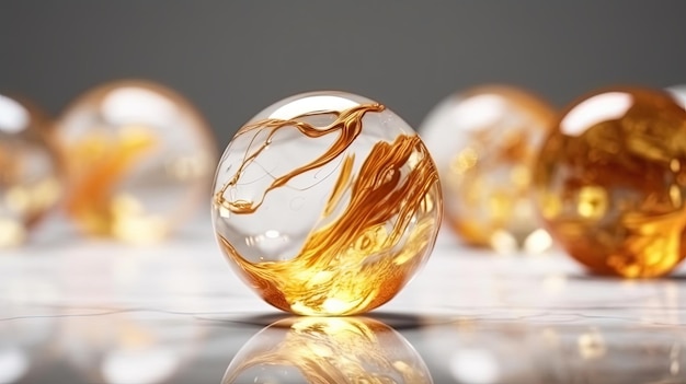 Стеклянный мрамор с золотыми и оранжевыми стеклянными шариками на отражающей поверхности.