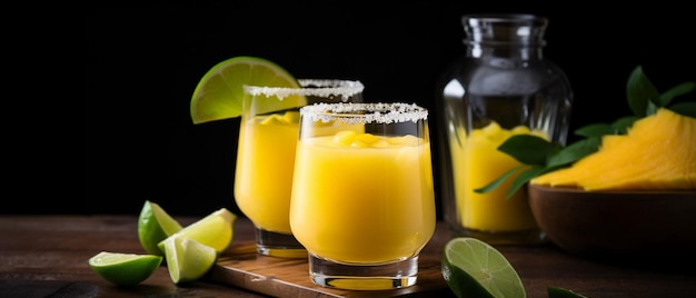 A glass of margaritas with limes on a wooden board